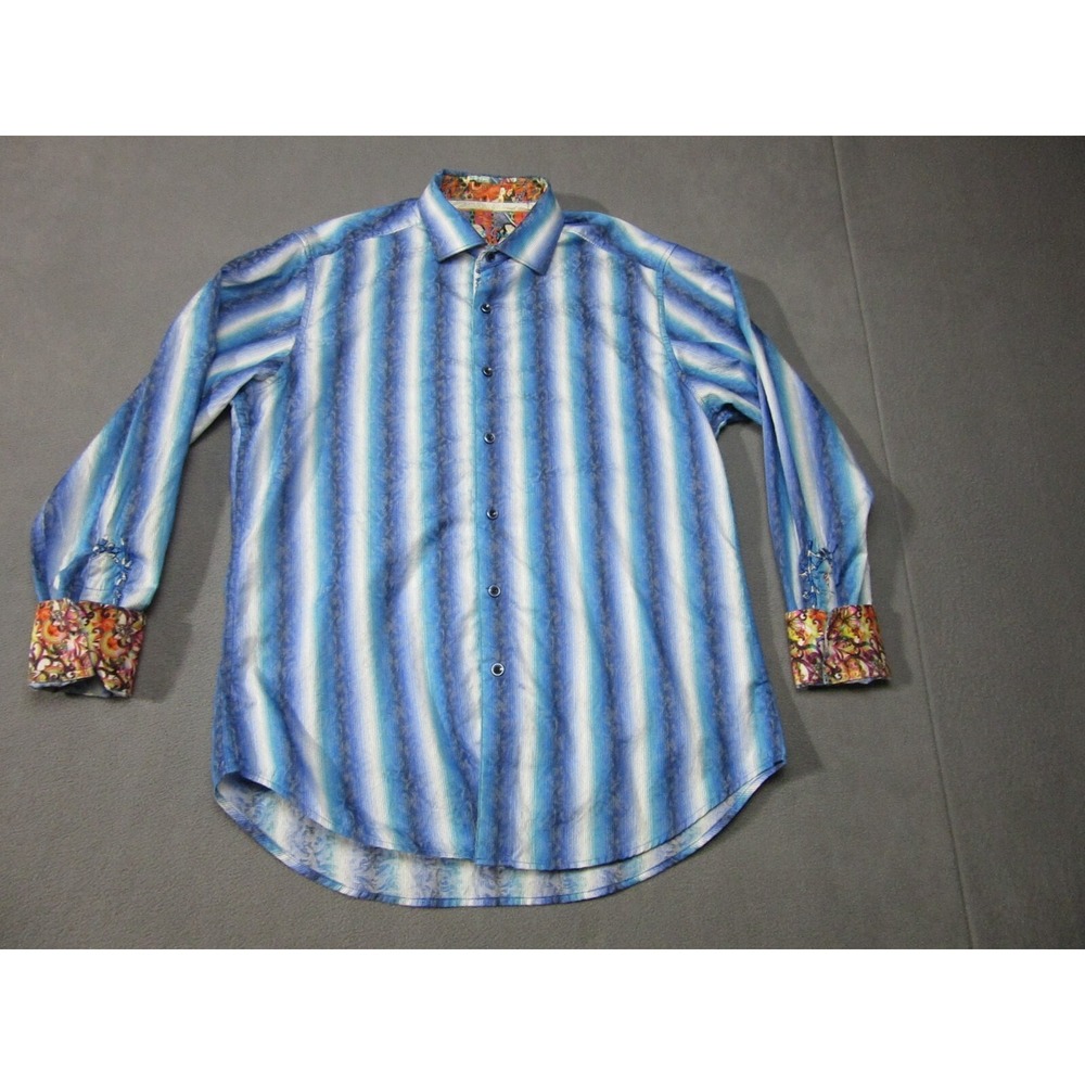Robert Graham Shirt Mens Medium Blue White Striped Endless Lagoon Samurai Spirit